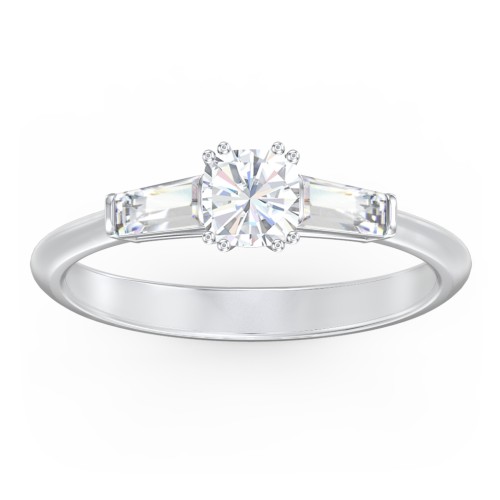 3 Stone Engagement Ring with Tapered Baguettes – 14K White Gold with Diamond