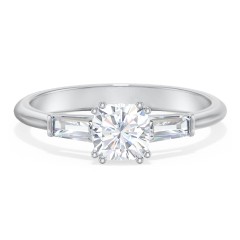 3 Stone Engagement Ring with Tapered Baguettes – 14K White Gold with Diamond