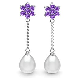 Freshwater Pearl Drop Earrings with Floral Detail in 925 Sterling Silver with Amethyst