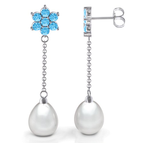 Freshwater Pearl Drop Earrings with Floral Detail – Sterling Silver with Blue Topaz