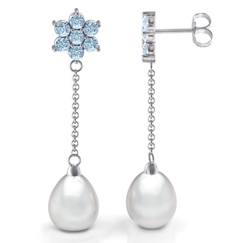 Freshwater Pearl Drop Earrings with Floral Detail – Sterling Silver with Aquamarine