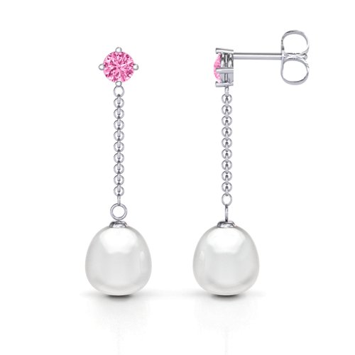 Elegant Solitaire Stud Freshwater Pearl Drop Earrings – Sterling Silver with Pink Tourmaline