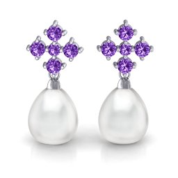 Freshwater Pearl Drop Earrings with Accents in 925 Sterling Silver with Amethyst