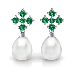 Freshwater Pearl Drop Earrings with Accents in 925 Sterling Silver with Emerald