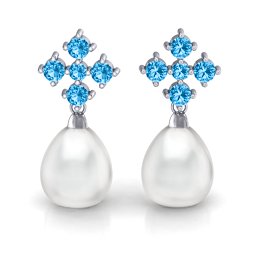 Freshwater Pearl Drop Earrings with Accents in 925 Sterling Silver with Blue Topaz