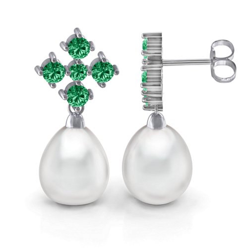 Freshwater Pearl Drop Earrings with Accents – Sterling Silver with Emerald
