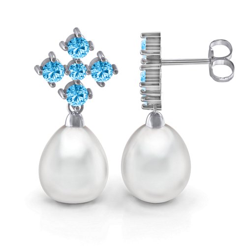 Freshwater Pearl Drop Earrings with Accents – Sterling Silver with Blue Topaz