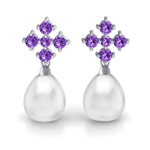Freshwater Pearl Drop Earrings with Accents – Sterling Silver with Amethyst