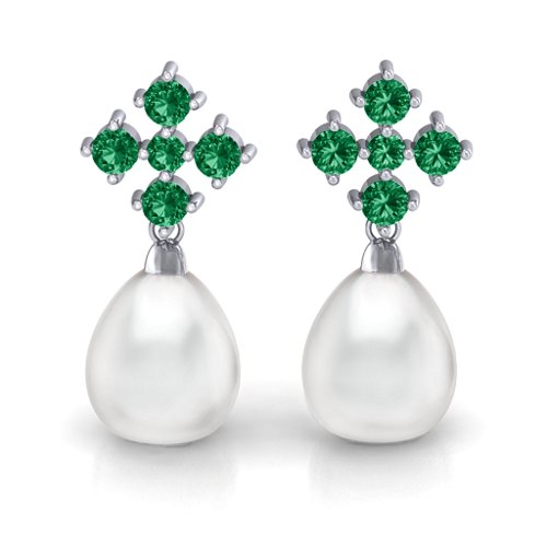 Freshwater Pearl Drop Earrings with Accents – Sterling Silver with Emerald