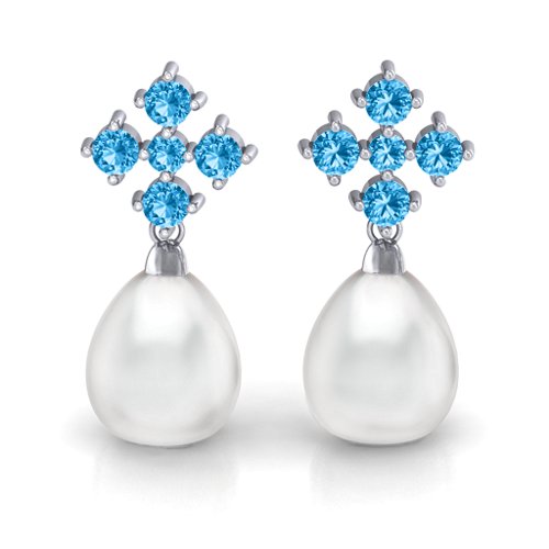 Freshwater Pearl Drop Earrings with Accents – Sterling Silver with Blue Topaz