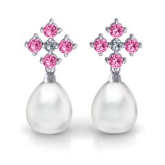 Freshwater Pearl Drop Earrings with Accents – Sterling Silver with Pink Tourmaline and Cubic Zirconia
