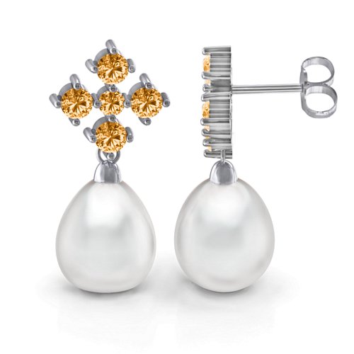 Freshwater Pearl Drop Earrings with Accents – Sterling Silver with Citrine