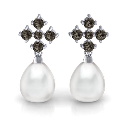 Freshwater Pearl Drop Earrings with Accents – Sterling Silver with Smokey Quartz