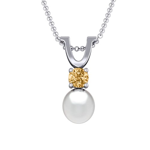 Round Solitaire with Freshwater Pearl Pendant Drop – Sterling Silver with Fancy Yellow Premium Zirconia
