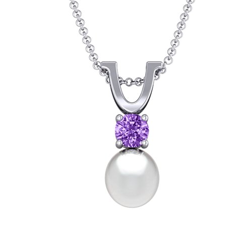 Round Solitaire with Freshwater Pearl Pendant Drop – Sterling Silver with Amethyst