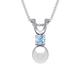 Round Solitaire with Freshwater Pearl Pendant Drop in 925 Sterling Silver with Aquamarine
