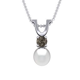 Round Solitaire with Freshwater Pearl Pendant Drop in 925 Sterling Silver with Smokey Quartz