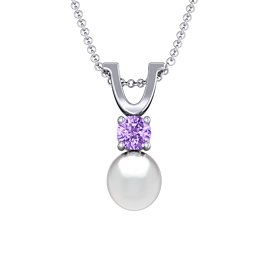 Round Solitaire with Freshwater Pearl Pendant Drop in 925 Sterling Silver with Amethyst