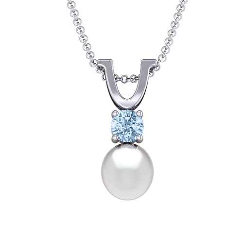 Round Solitaire with Freshwater Pearl Pendant Drop – Sterling Silver with Aquamarine
