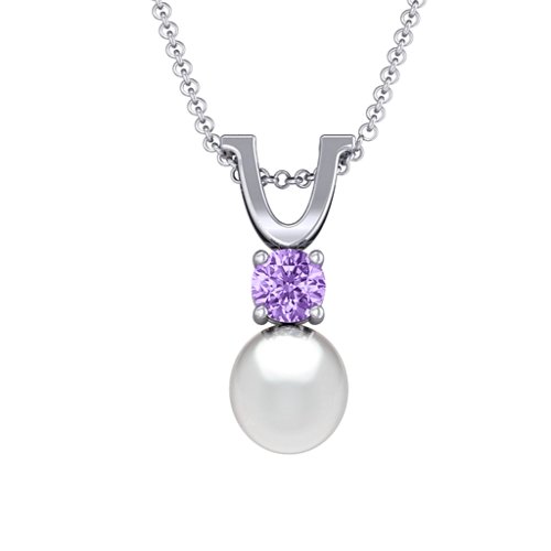 Round Solitaire with Freshwater Pearl Pendant Drop – Sterling Silver with Amethyst
