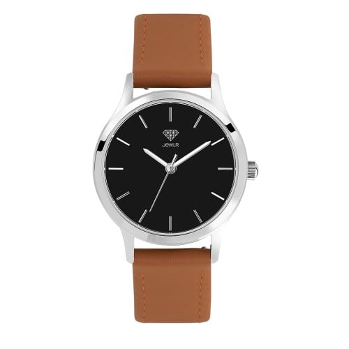 Men's Personalised Dress Watch - 32mm Downtown - Steel Case, Black Dial, Tan Leather