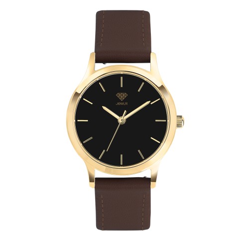 Men's Personalised Dress Watch - 32mm Uptown - Gold Case, Black Dial, Brown Leather