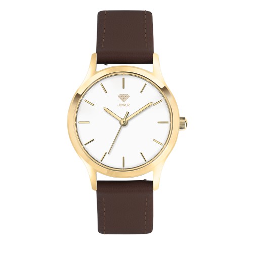 Men's Personalised Dress Watch - 32mm Uptown - Gold Case, White Dial, Brown Leather