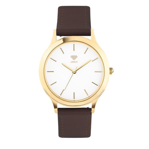 Men's Personalised Dress Watch - 36mm Uptown - Gold Case, White Dial, Brown Leather