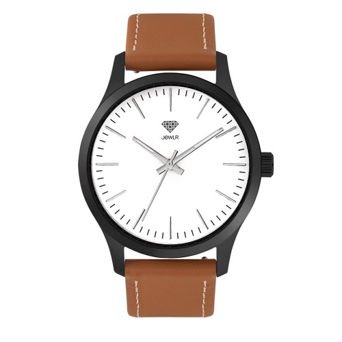 Men's Personalised Dress Watch - 40mm Midtown - Black Case, White Dial, Tan Leather
