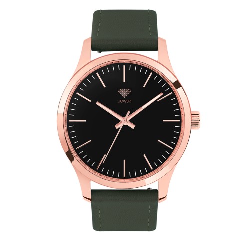 Men's Personalised Dress Watch - 40mm Metro - Rose Gold Case, Black Dial, Green Leather