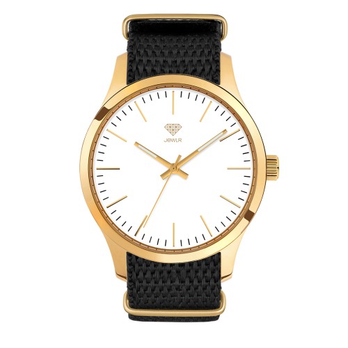 Men's Personalised Dress Watch - 40mm Uptown - Gold Case, White Dial, Black Nato