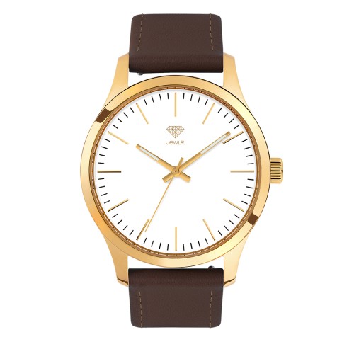 Men's Personalised Dress Watch - 40mm Uptown - Gold Case, White Dial, Brown Leather