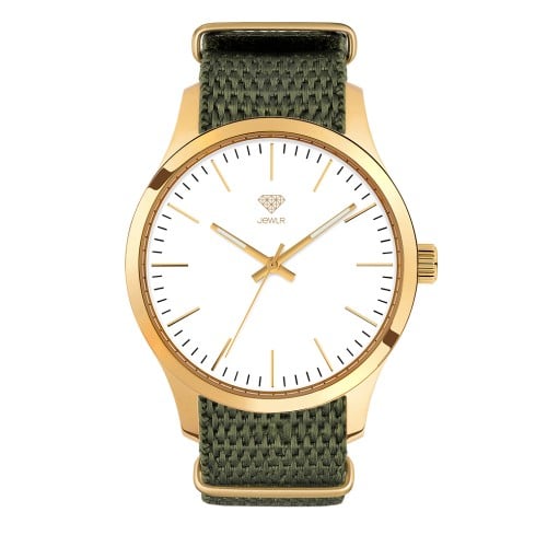 Men's Personalised Dress Watch - 40mm Uptown - Gold Case, White Dial, Olive Nato