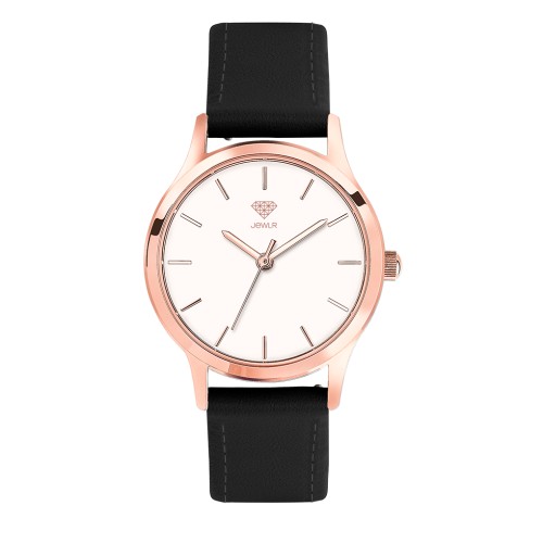 Women's Personalised Dress Watch - 32mm Metro - Rose Gold Case, White Dial, Black Leather