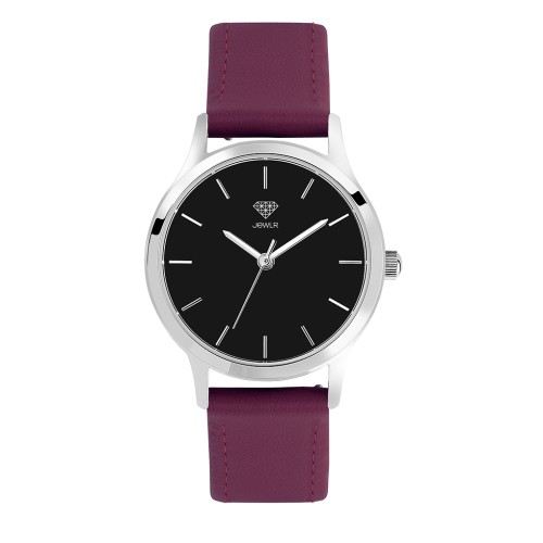 Women's Personalised Dress Watch - 32mm Downtown - Steel Case, Black Dial, Burgundy Leather