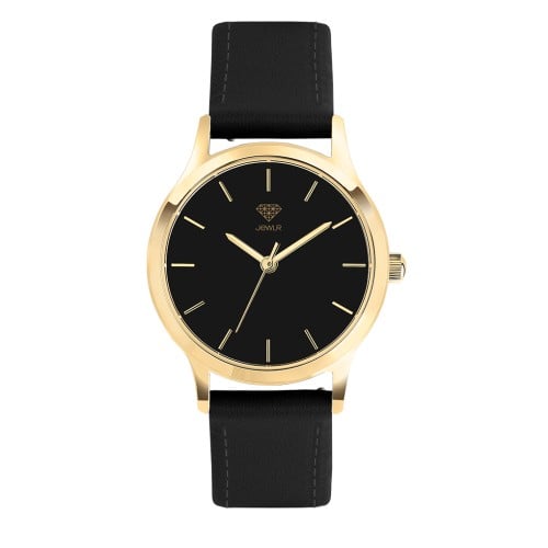 Women's Personalised Dress Watch - 32mm Uptown - Gold Case, Black Dial, Black Leather