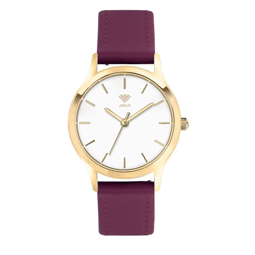 Women's Personalised Dress Watch - 32mm Uptown - Gold Case, White Dial, Burgundy Leather