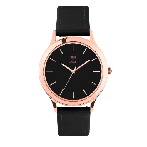 Women's Personalised Dress Watch - 36mm Metro - Rose Gold Case, Black Dial, Black Leather