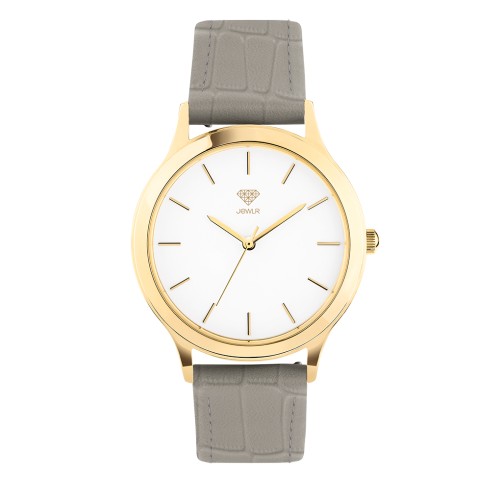 Women's Personalised Dress Watch - 36mm Uptown - Gold Case, White Dial, Grey Croc Leather
