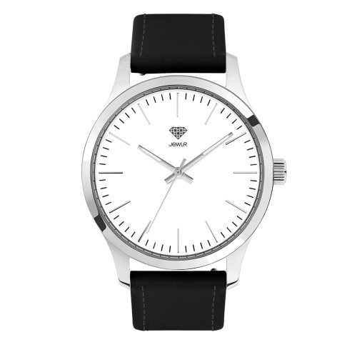 Women's Personalised Dress Watch - 40mm Downtown - Polished Steel Case, White Dial, Black Leather