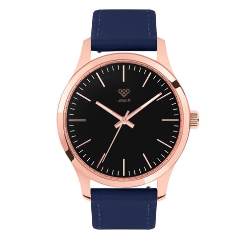 Women's Personalised Dress Watch - 40mm Metro - Rose Gold Case, Black Dial, Blue Leather