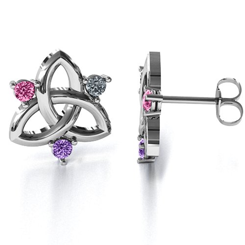 Triple Stone Celtic Knot Earrings – Sterling Silver with Pink Tourmaline, Cubic Zirconia, and Amethyst