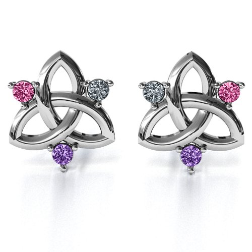 Triple Stone Celtic Knot Earrings – Sterling Silver with Pink Tourmaline, Cubic Zirconia, and Amethyst