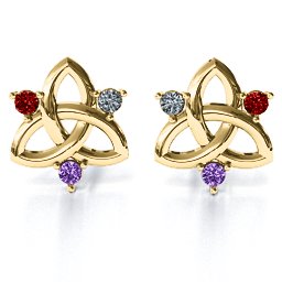 Triple Stone Celtic Knot Earrings in 10K Solid Yellow Gold with Garnet, Cubic Zirconia, and Amethyst