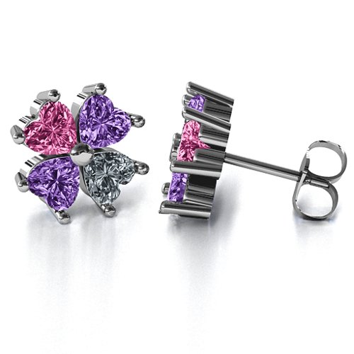 Multi Stone Four Heart Clover Earrings – Sterling Silver with Pink Tourmaline, Amethyst, and Cubic Zirconia
