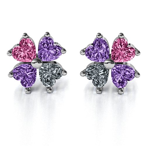 Multi Stone Four Heart Clover Earrings – Sterling Silver with Pink Tourmaline, Amethyst, and Cubic Zirconia