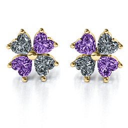 Multi Stone Four Heart Clover Earrings in 10K Solid Yellow Gold with Cubic Zirconia and Amethyst