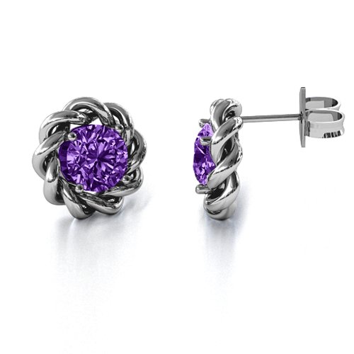 Twisted Stud Solitaire Earrings – Sterling Silver with Amethyst