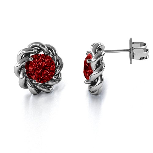 Twisted Stud Solitaire Earrings – Sterling Silver with Garnet