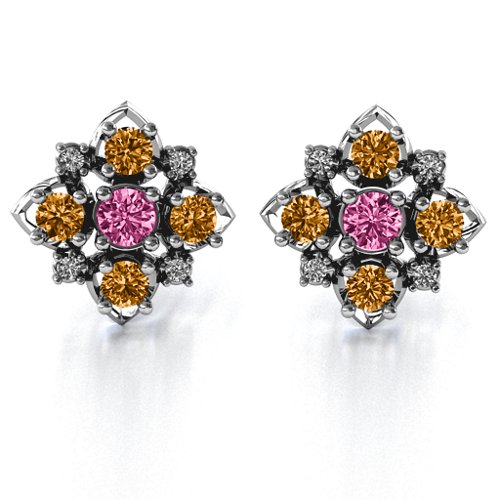 Glittering Multi Stone Earrings – Sterling Silver with Pink Tourmaline, Citrine, and White Premium Zirconia